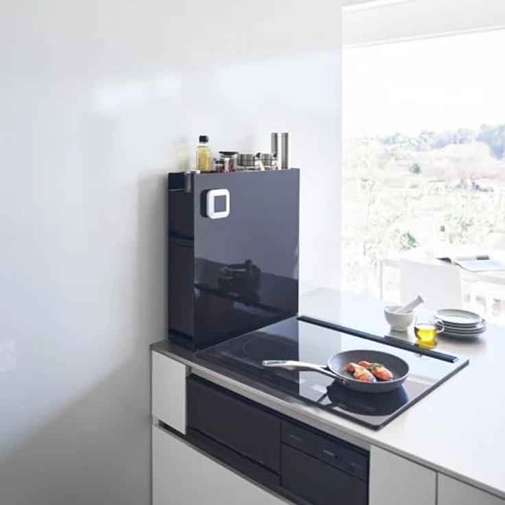 Yamazaki 4335 TOWER 2-Tiered Sliding Seasoning Rack, Black, Steel/Polypropylene, Minimalist Design, 12.5 x 50～93 x 52.5 cm (LxWxH) - Versteckte Aufbewahrung, Magnetische Oberfläche, Belastbarkeit bis 5 kg (unten) – Bild 2