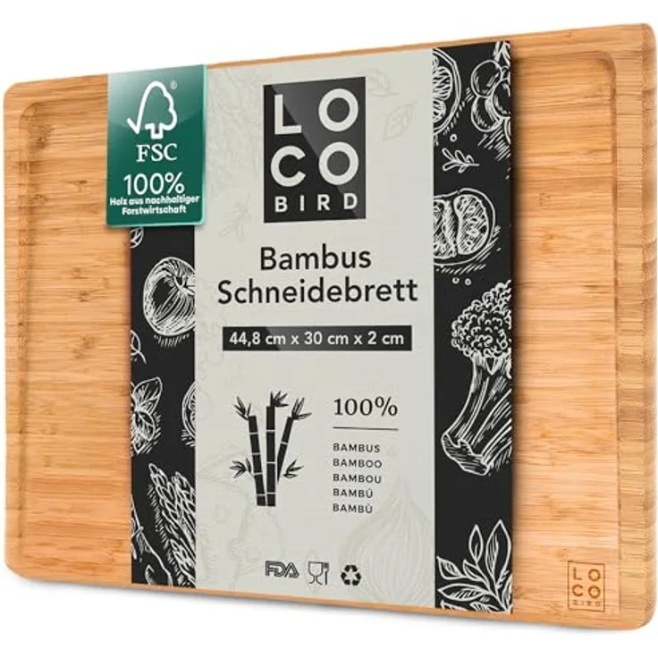 Loco Bird Schneidebrett mit Saftrille - 44,8x30x2 cm - großes Holzbrett aus Bambus für die Küche - Beidseitiges Holzschneidebrett - Cutting board