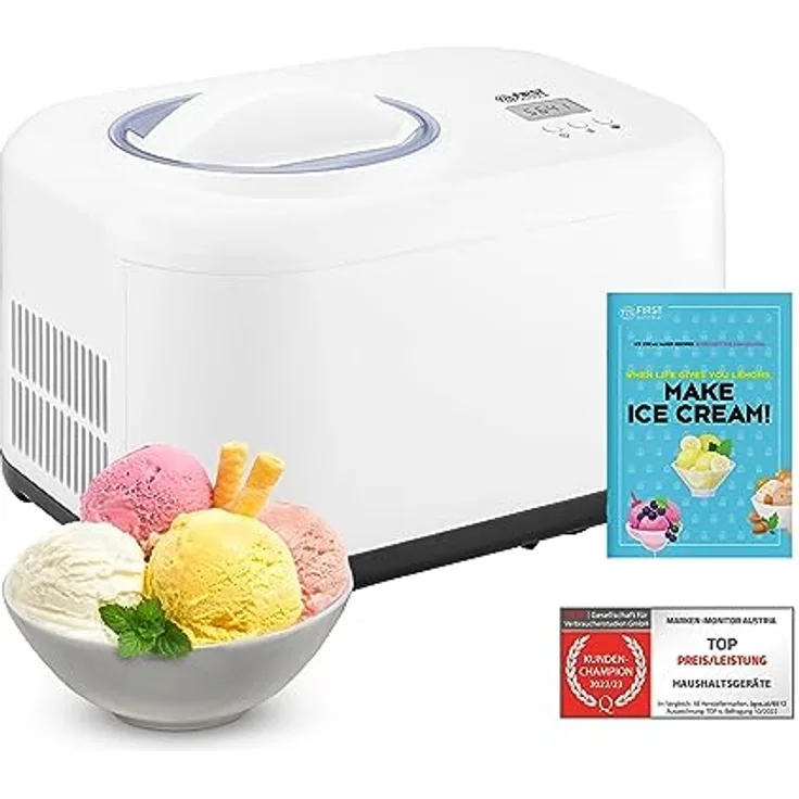 TZS First Austria Eismaschine & Joghurtbereiter | Ice Cream Maker selbstkühlend mit Kompressor und entnehmbarem 1 Liter Eisbehälter | Joghurtmaschine für zuhause - inkl. Messbecher & Spachtel