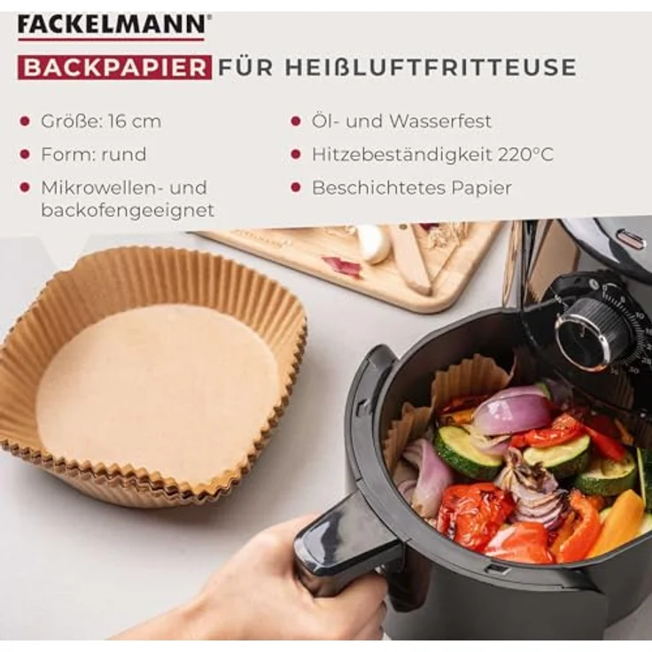 FACKELMANN Backpapier für Heißluftfritteuse, rund 16 cm, 40-teilig, öl- und wasserfest, hitzebeständig bis 220°C, mikrowellen- und backofengeeignet – Bild 4