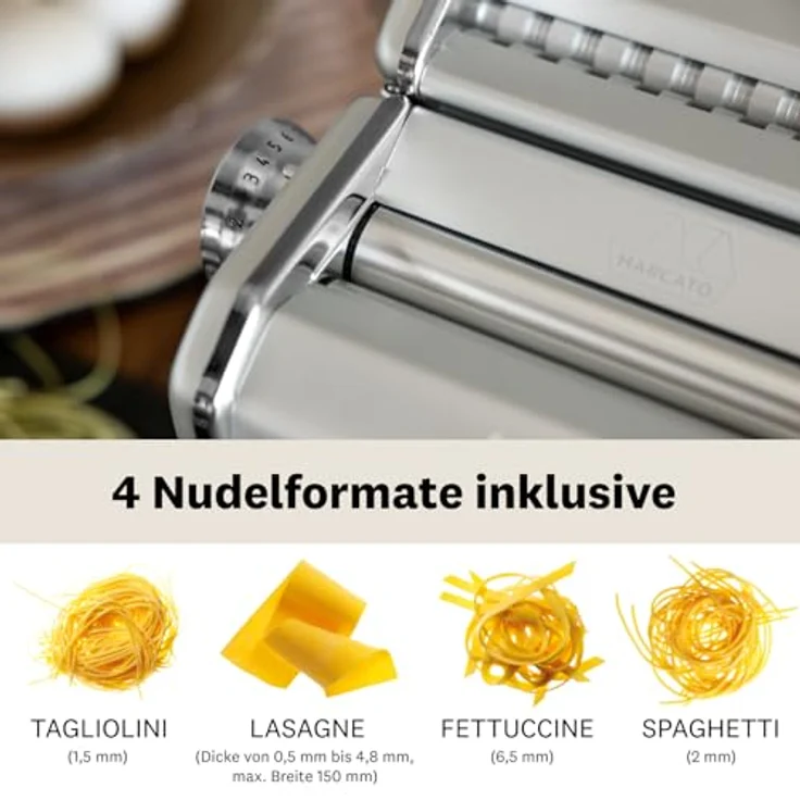 Marcato Atlas+ Nudelmaschine, eloxiertes Aluminium, 4-in-1 für Lasagne, Fettuccine, Tagliolini und Spaghetti, hergestellt in Italien, kompatibel mit zusätzlichem Zubehör – Bild 3