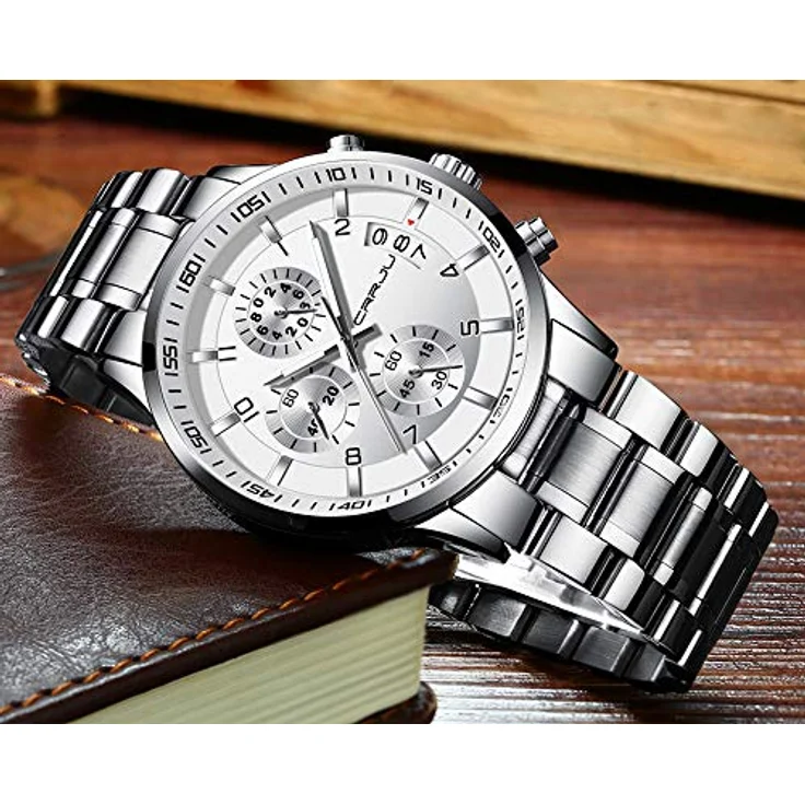 CRRJU Herren Chronograph Armbanduhr, wasserdicht, Edelstahlarmband, analoges Quarzwerk mit Kalender, Silber – Bild 3