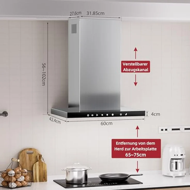 LEVIVO Dunstabzugshaube 60cm, A+++ Umluft & Abluft mit 750 m³/h Luftleistung, 2 Aktivkohlefiltern, 2 Fettfiltern, 3 Stufen & Booster, Edelstahl – Bild 5