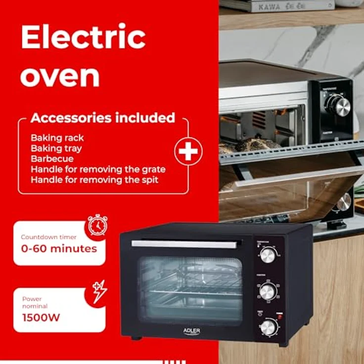 Adler Minibackofen AD 6026, Elektrobackofen, 48L, Umluft, Timer, Drehspieß, schwarz – Bild 11