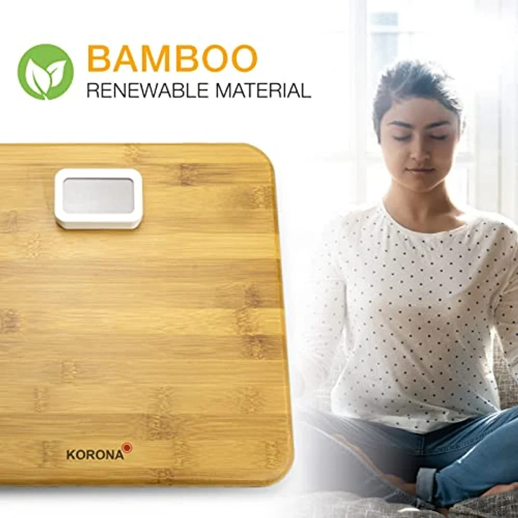 Korona 73161 Batterielose Bambuswaage MIRIAM | Energieerzeugung durch Drücken des Displays | Nachhaltige Bambus-Wiegefläche | Plastikfrei verpackt | 150 kg Tragkraft, 100g-Einteilung – Bild 2