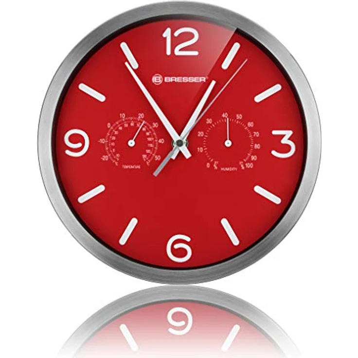 Bresser Funkuhr Wanduhr MyTime ND Thermo-Hygro mit geräuschlosem Funkuhrwerk, Edelstahlrahmen und Anzeige für Temperatur und Luftfeuchtigkeit, rot, 250x250mm – Bild 5