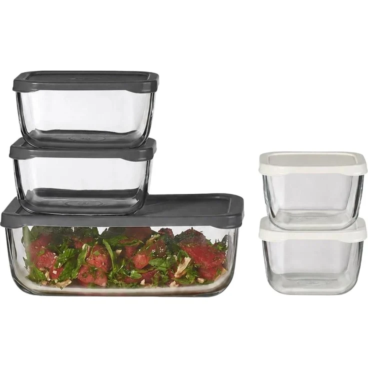 Pasabahce Snowbox Lebensmittelbehälter Set, 1,225 l + 2×420 ml + 2×275 ml, transparent mit schwarzen und weißen Deckeln