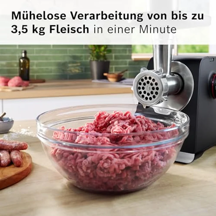 BOSCH Fleischwolf Serie 6 MFWS682B, 3,5kg/Min., Zitruspresse, Raspel, Wurststopfer, 500 W, 2 Lochscheiben (3&8mm), 10 J Motorgarantie, Planetengetriebe, schwarz – Bild 5