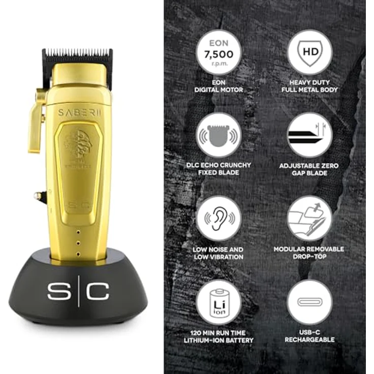 Stylecraft Saber 2.0, Professionelle Haarschneidemaschine mit bürstenlosem EON Motor, Echo DLC Klinge, USB-C Aufladung und Metallgehäuse, kabelloser Clipper – Bild 2