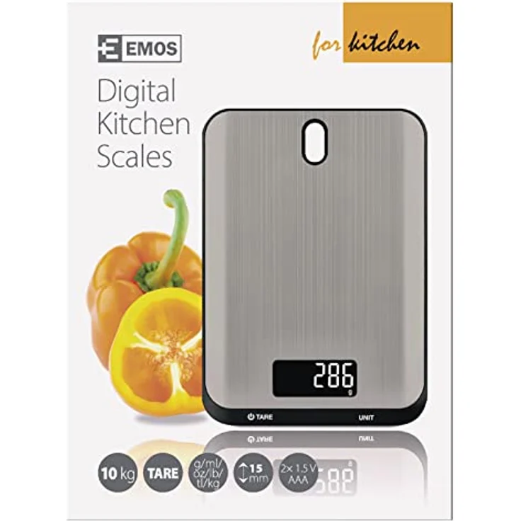 EMOS digitale Küchenwaage mit Wandhalterung, elektronische Edelstahl-Haushaltswaage bis zu 10 kg, beleuchteter LCD-Display, wiegt in g, kg, ml, oz, lb, tl, inkl. Batterien Silbern – Bild 5