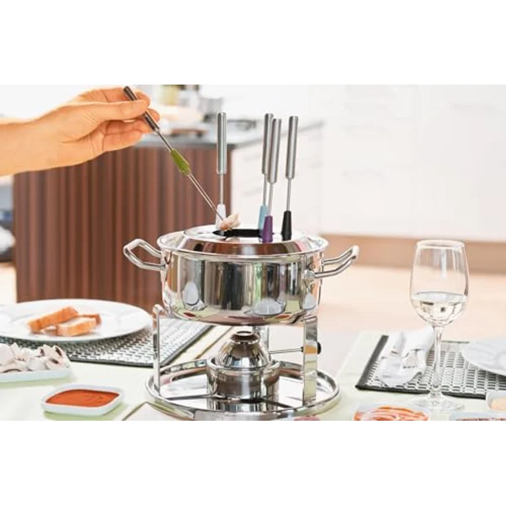RÖSLE Fondue-Set für 6 Personen, Edelstahl 20 cm Fondue-Topf mit Glasdeckel, 1000W Gasbrenner, klappbares Rechaud & Zubehör für Käse- und Schokofondue – Bild 2