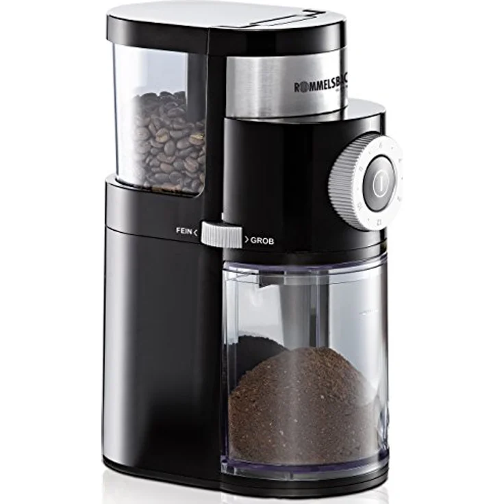 ROMMELSBACHER Kaffeemühle EKM 200 – aromaschonendes Scheibenmahlwerk, Mahlgrad einstellbar von grob bis fein, 2-12 Portionen, Füllmenge Bohnenbehälter 250 g, 110 Watt, schwarz – Bild 1