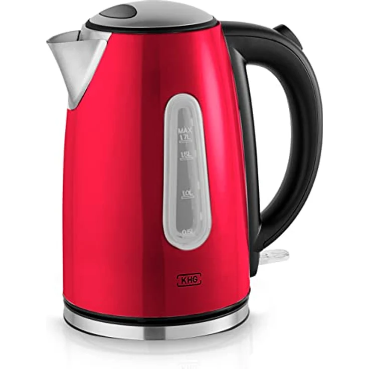 KHG Wasserkocher WK-1707 MRE, Edelstahl rot, 1,7 Liter, 2200 Watt, auswaschbarer Kalkfilter, Wasserstandsanzeige, Trockengehschutz, Abschaltautomatik, BPA-frei – Bild 1