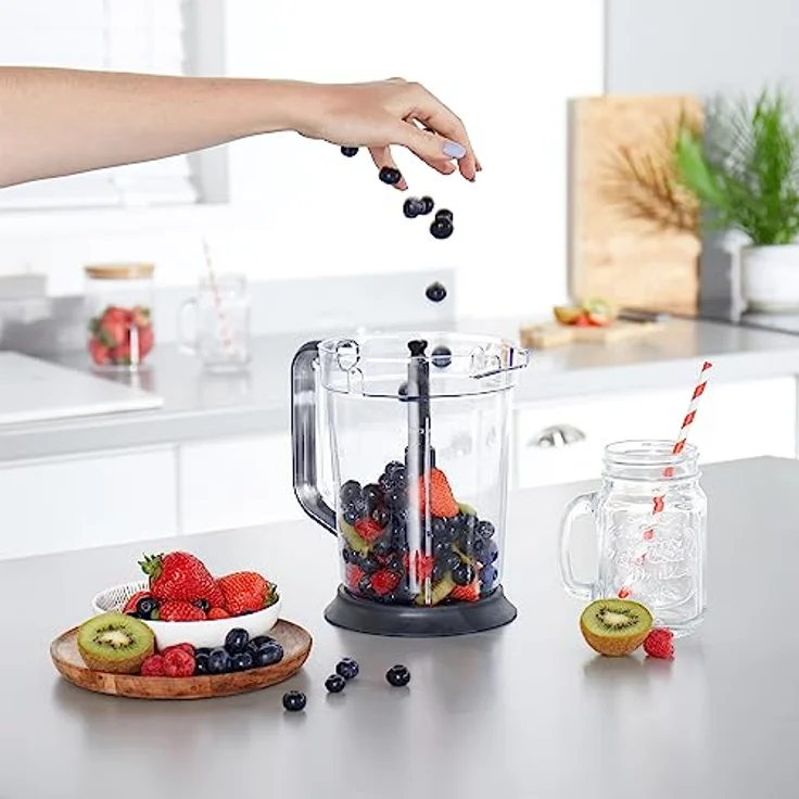 Petra PT5393BGRYVDE, kabelloser Kannenmixer & Deckel – wiederaufladbarer 10,8V-Akku, 2 Geschwindigkeiten, BPA-frei, 1,5L, Zerstoßen Sie Eis, Edelstahlklinge, rutschfester Sockel, Misst ml/l/Becher/oz – Bild 5
