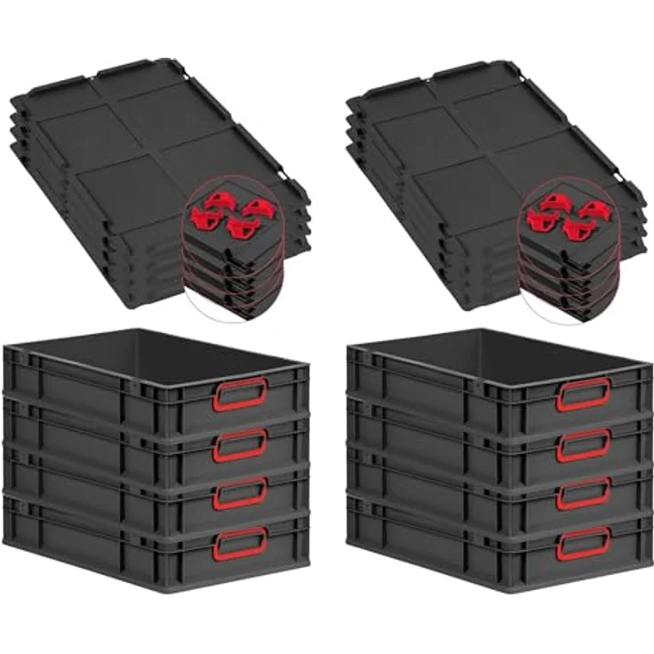 PROREGAL SuperSparSet 8x Eurobox NextGen Color, 23L Eurobehälter mit Auflagedeckel & Schiebeschnappverschlüssen, Schwarz mit roten Griffen, HxBxT 12x40x60cm – Bild 1