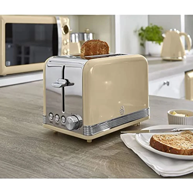 SWAN STP7050CNEU Retro Frühstücksset, Wasserkocher 1,8L kabellos mit Überhitzungsschutz und 2 Breitschlitz-Toaster in Vintage Creme – Bild 3