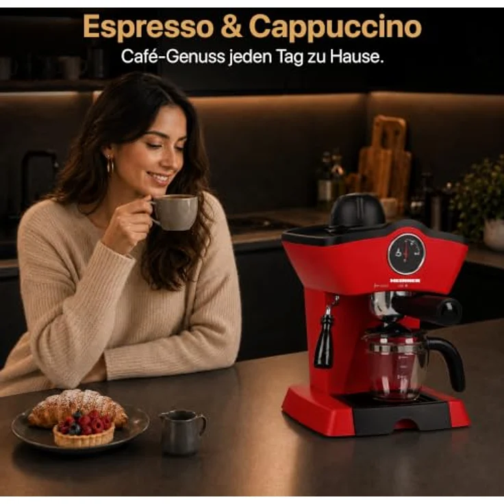 Heinner HEM-200RD, Espressomaschine mit 800 W, 0,25 l Wassertank, Edelstahlfilter und Glaskanne, Rot – Bild 13