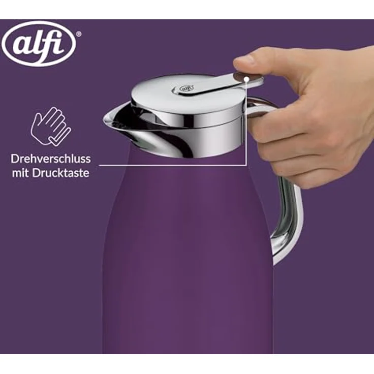 alfi SKYLINE 1,0l, deep lavender, Edelstahl-Isolierkanne mit hygienischem Hartglaseinsatz, Drehverschluss mit bequemer Drucktaste, ergonomischer Griff, BPA-frei – Bild 5