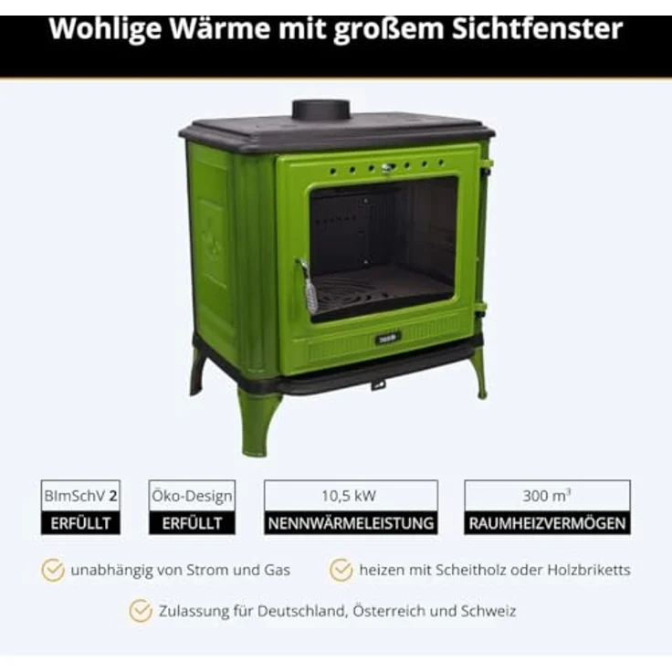 365® Kaminofen Ferrox 75, gusseisern, grün emailliert, 10,5 kW mit Scheibenspülung und Aschekasten, A+ – Bild 2