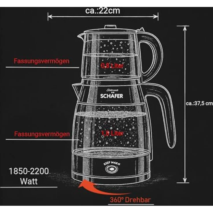 Elektronik SCHÄFER Teekocher Glas-Teekocher 1,8/0,8 Liter Schwarz/Silber - Wasserkocher mit Warmhaltefunktion bis 85°C und verdecktem Heizelement – Bild 4