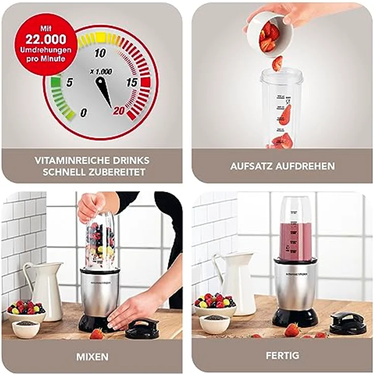 GOURMETmaxx Smoothie Maker & Standmixer 4tlg. Set - 500W & 22.000 U/min | Elektrischer Mini-Mixer 700ml mit 9 Funktionen | Kompakter Nutrition Blender inkl. To-Go Becher | Auslaufsicher & BPA frei – Bild 3