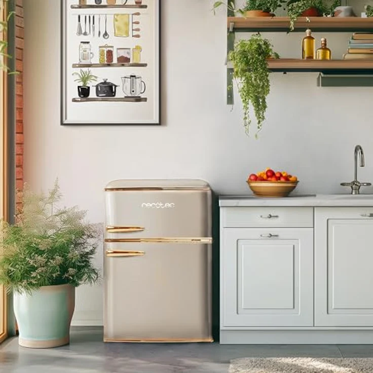 Cecotec Bolero CoolMarket 2D Origin 86, 2-türiger Retro Minikühlschrank mit 86L, Energieklasse E, Eisfach, Innenbeleuchtung, Chromgriff, Beige – Bild 4