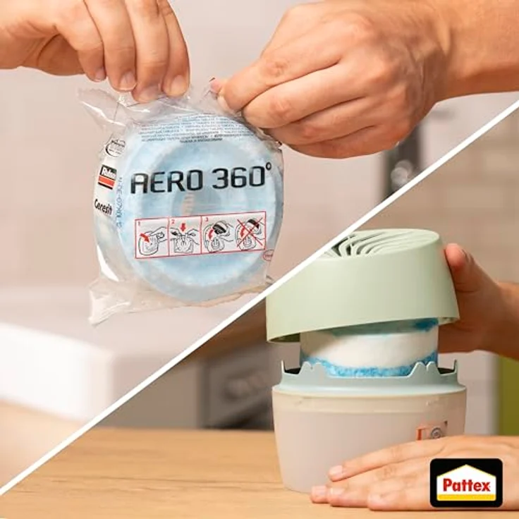 Pattex AERO 360° Kompakt Luftentfeuchter Green Colour Collection, effektiver 360°-Lufttunnel, beugt Schimmel vor, inkl. 1 Nachfülltab für Räume bis 20m² – Bild 5