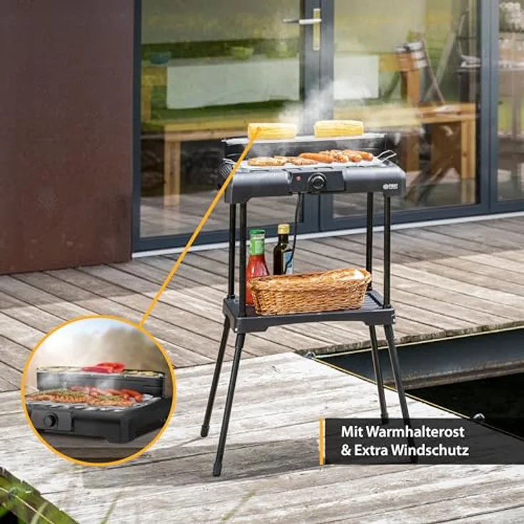 TZS First Austria Standgrill | Elektrogrill 2000 W mit Temperaturregler & Wärmereflektor | Gartengrill Schwarz mit Standfüßen | Grillfläche [45cm x 22cm] inkl. Windfang | Barbecue Elektrisch Tischgrill – Bild 5