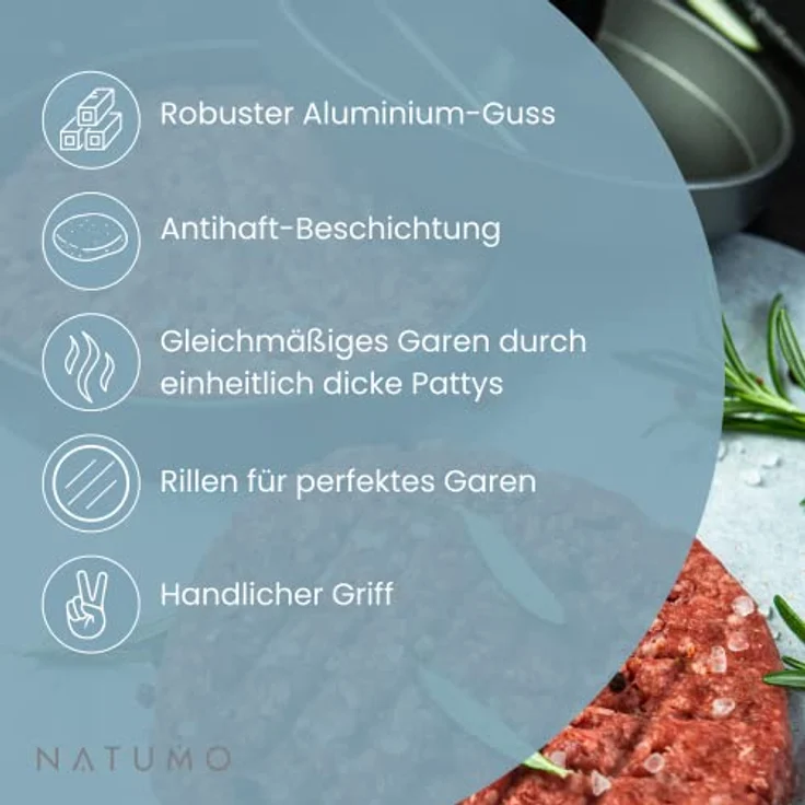 NATUMO Burgerpresse Set aus Hamburgerpresse und Burger Papier (50x Trennpapier), Burger Maker aus Aluguss (Ø 11cm, 200g), Profi Burger Pattie Presse mit Antihaftbeschichtung (Silber) – Bild 5