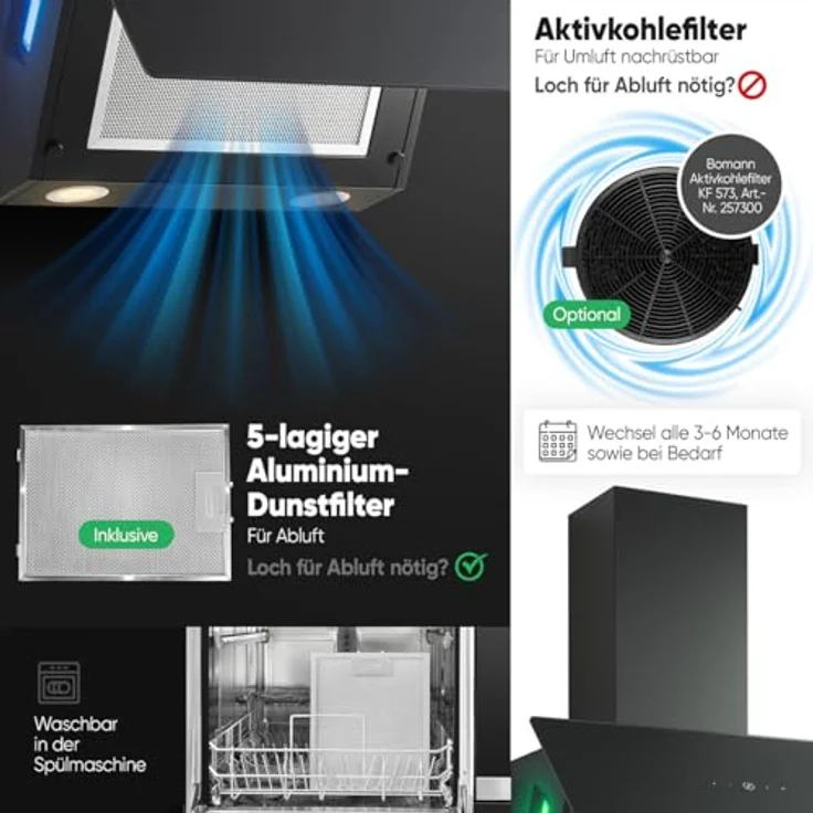 Bomann Dunstabzugshaube 60cm DU 7611 G | bunte LED Beleuchtung | Umluft & Abluft | leise Kopffreihaube | mattschwarz – Bild 5