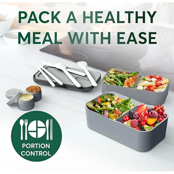 UMAMI Bento Lunchbox für Erwachsene, Auslaufsichere Brotdose mit Besteck und 2 Saucenbehältern, Fächer für Meal Prep, ideal für Salat und Snacks – Bild 3