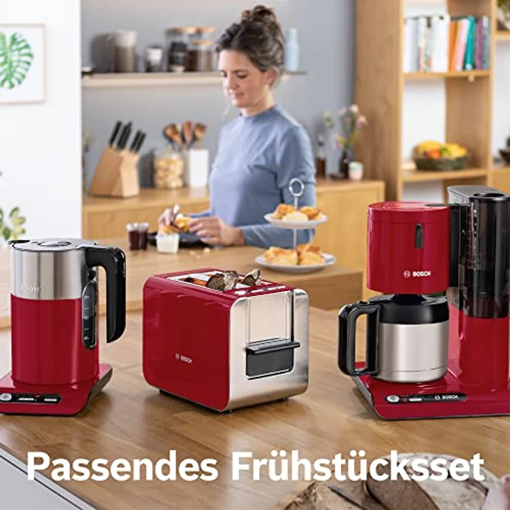 Bosch Filterkaffeemaschine Styline TKA8A054, Edelstahl-Thermokanne 1,1 L, für 8-12 Tassen, abnehmbarer Wassertank, Tropfstopp, schwenkbarer Filterträger, Kabelstaufach, 1100 W, rot – Bild 3