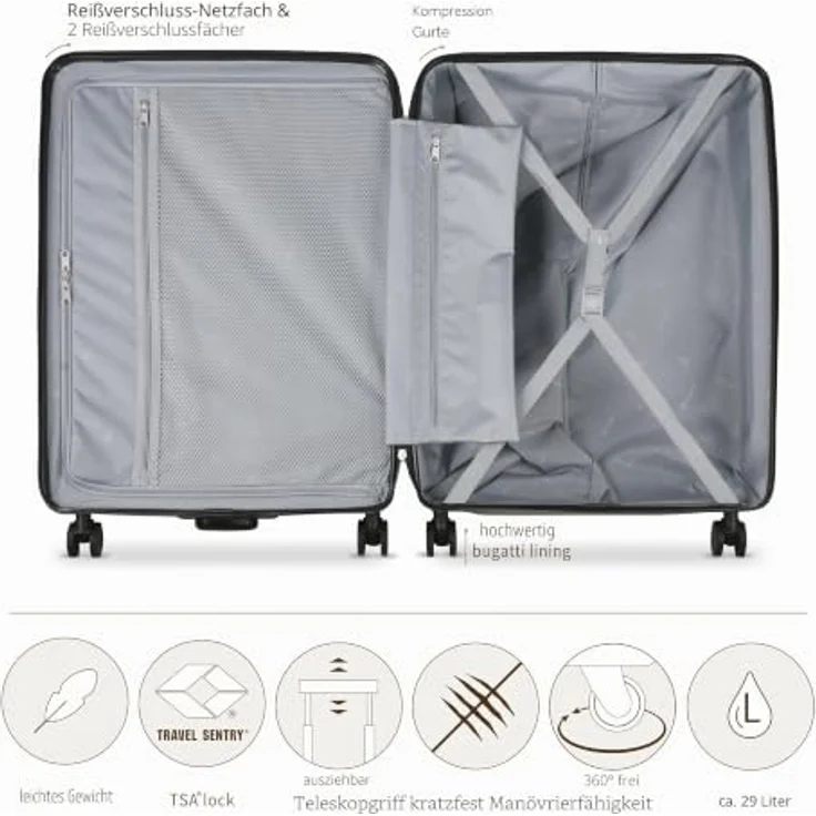 bugatti Linea 4 Rollen Kofferset, 3-teilig, schwarz, 100% Polycarbonat, 52 cm x 29 cm x 76 cm – Bild 5