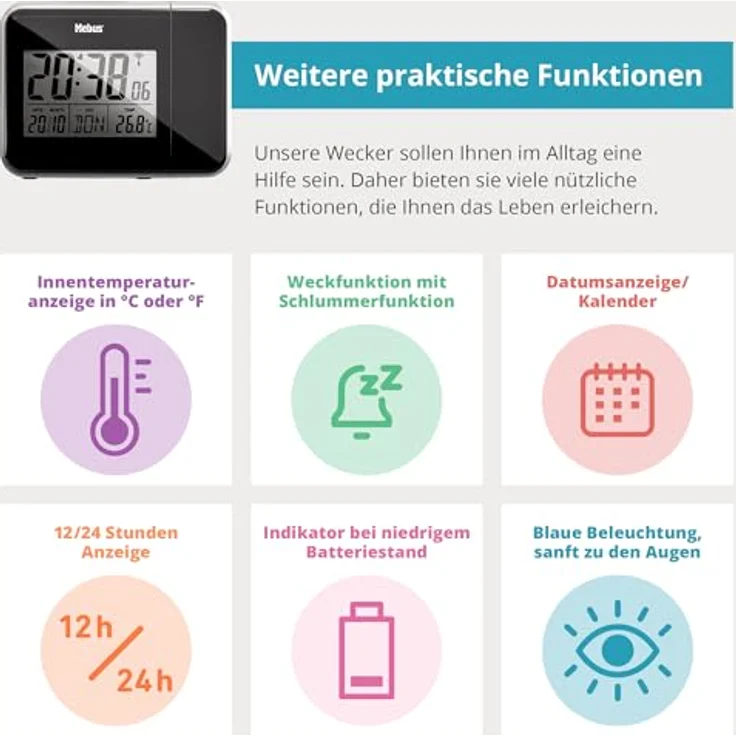 Mebus 42425 Projektions-Funkwecker, mit roter Uhrzeitprojektion, Innenthermometer und blauer Hintergrundbeleuchtung – Bild 3