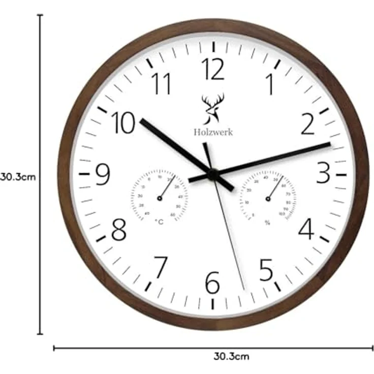 Holzwerk Wanduhr, Rund, 30 cm, Braun/Weiß, mit Thermo-Hygrometer, Quarzwerk, Holz-Optik – Bild 8