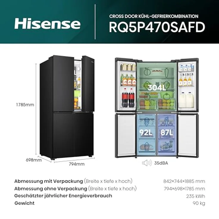 Hisense RQ5P470SAFD, Kühl-/Gefrierkombination mit Flügeltüren, 483 Liter, NoFrost Plus, Schwarz, Triple Zone und Smart Connectivity – Bild 3