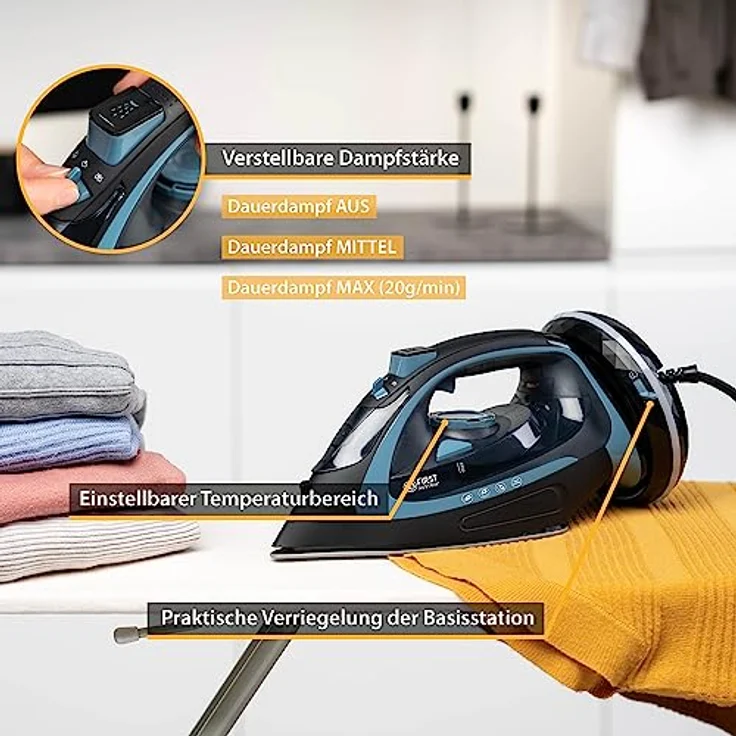 TZS First Austria Dampfbügeleisen kabellos mit Basisstation | verstellbare Temperatur & Dampfstärke | Keramik Bügelsohle, Vertikaldampf, Tropfstop, Antikalk, selbstreinigend | 450 ml Wassertank – Bild 5