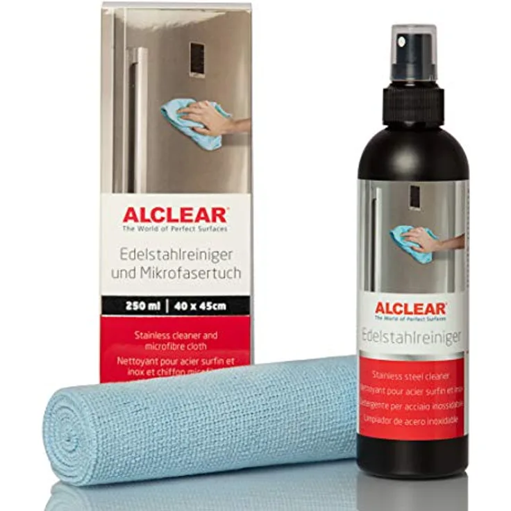 ALCLEAR 721ER Profi Edelstahlreiniger 250 ml mit Profi Mikrofasertuch, reinigt Edelstahl streifenfrei, gegen Schmutz, Fingerabdrücke und Fett