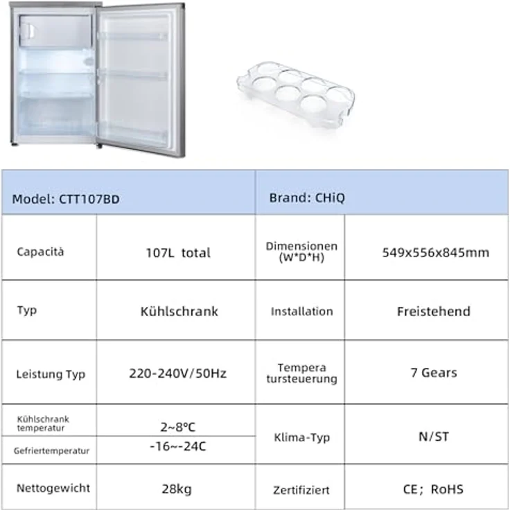 CHiQ KMRF110SD Table Top Kühlschrank, 107L, EEK C, 37dB, integriertes Gefrierfach, schnelle Kühlung, Auto Drain, 84.5 cm hoch, 54.9 cm breit – Bild 5