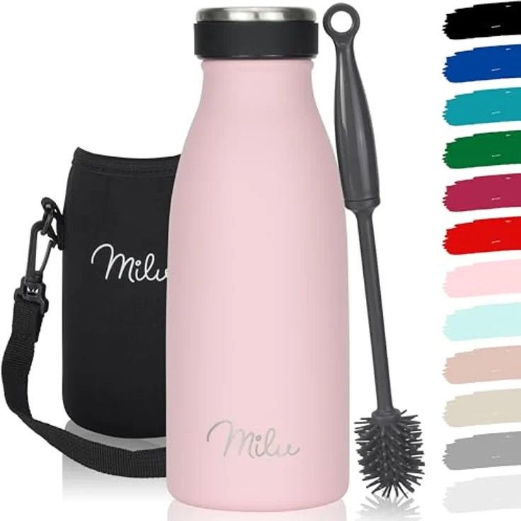 Milu Edelstahl Trinkflasche 350ml – Auslaufsichere Thermosflasche für Kinder und Erwachsene, kohlensäuregeeignet, Rosa, inklusive Reinigungsbürste – Bild 1