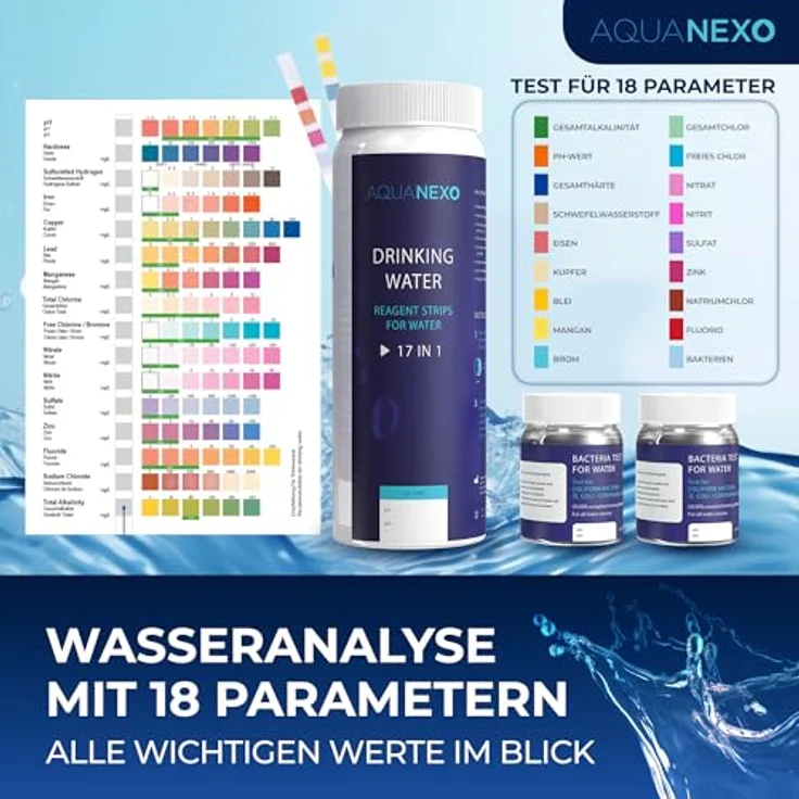 Aquanexo 125 Wassertester Trinkwasser Teststreifen 17-in-1 + 2 Bakterientests + Pipette + Reagenzglas, Wasserfilter in 16-in-1 Werten, Blau – Bild 3