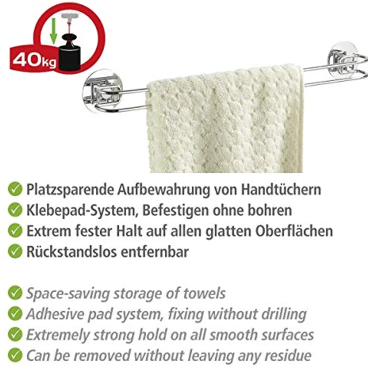WENKO Turbo-Loc® Handtuchstange - Befestigen ohne bohren, Stahl, 46 x 6 x 5 cm, Chrom – Bild 3