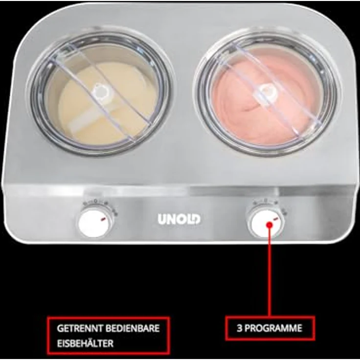 Unold Eismaschine Doppio bianco 48830, 2,4 l, 250 W, mit zwei getrennt bedienbaren Eisbehältern – Bild 3