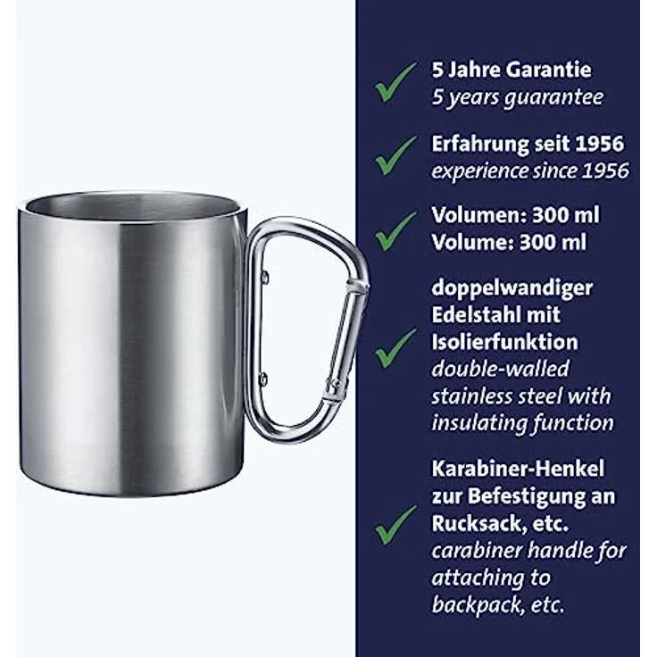Westmark Edelstahltasse mit Karabinerhaken – praktische Camping-Tasse Outdoor, ideal für heiße und kalte Getränke, Becher mit Karabiner zum Befestigen – 300 ml, Edelstahl, rostfrei – Bild 2