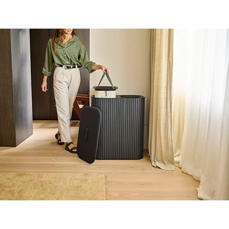 Joseph Joseph Tota Luxe 90L Wäschekorb mit Bambus-Außenfläche und Stoffdeckel, schwarz – Bild 2