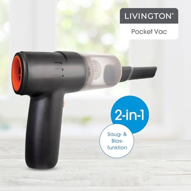 LIVINGTON PocketVac, Akku Handstaubsauger mit Gebläse und Aufsätzen, kabellos, inkl. USB-C Kabel, Aufbewahrungstasche & Filter, ultraleicht und ergonomisch – Bild 2