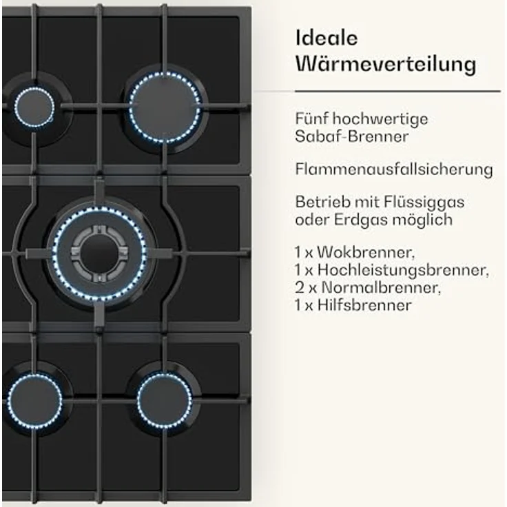Klarstein DSM-Victoria-5 Gaskochfeld, Einbaugerät, Drehregler, Breite 74 cm, 4 Zonen, schwarz – Bild 6