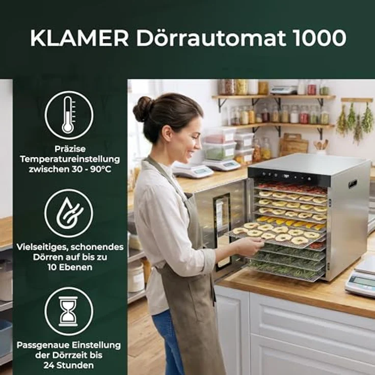 KLAMER Dörrautomat XXL 1000W, 10 verstellbare Etagen, 24h Timer, 30–90°C Temperaturregelung – Bild 2
