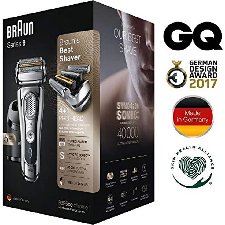Braun Series 9 9395cc Wet & Dry Herren Rasierer Nass- und Trockenanwendung SyncroSonic Technologie inkl. Reinigungsstation, Lederetui chrom – Bild 3