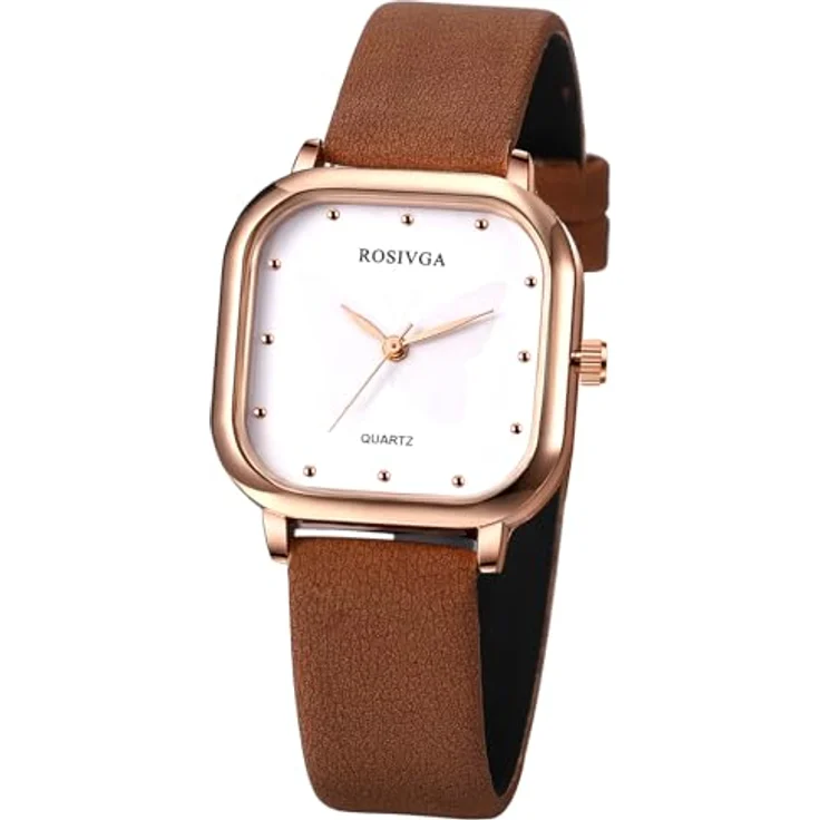 JewelryWe Damenuhr Quadratisch, Preppy Schmetterling Analog Quarz mit Braunem PU-Armband, Ultradünn, Rechteckiges Zifferblatt und Punktskala – Bild 1